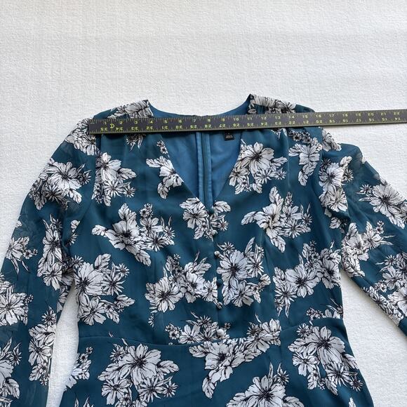 Ann Taylor Factory Women Size 8 Long Sleeve Floral Dress Teal A-Line Feminine - Picture 5 of 9